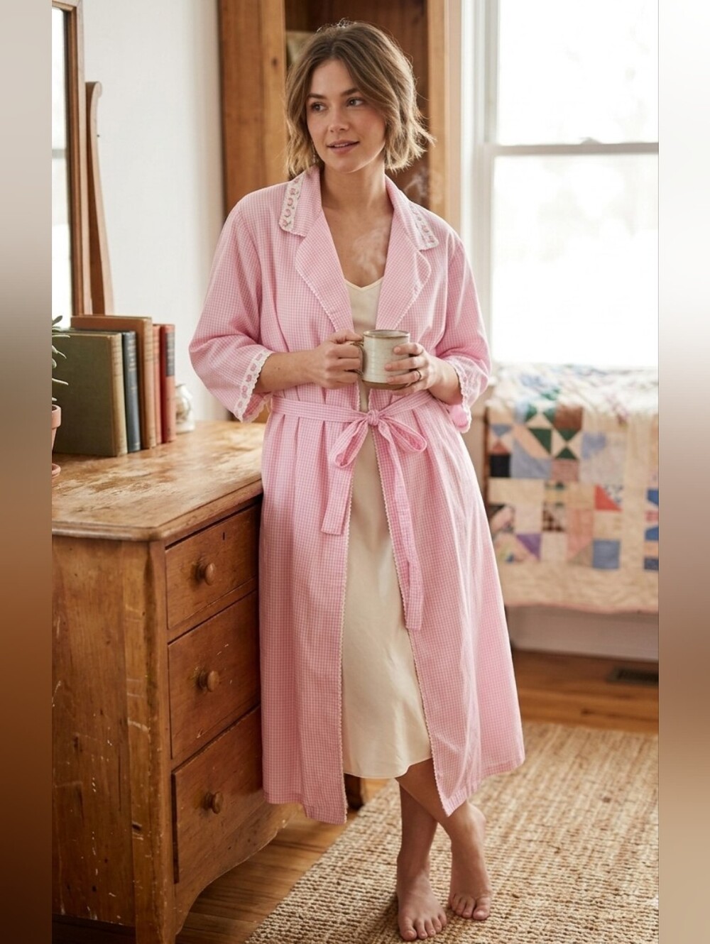 Secret Treasures Pink Gingham Robe Medium Cottagecore Eyelet Lace Wrap - Picture 2 of 9